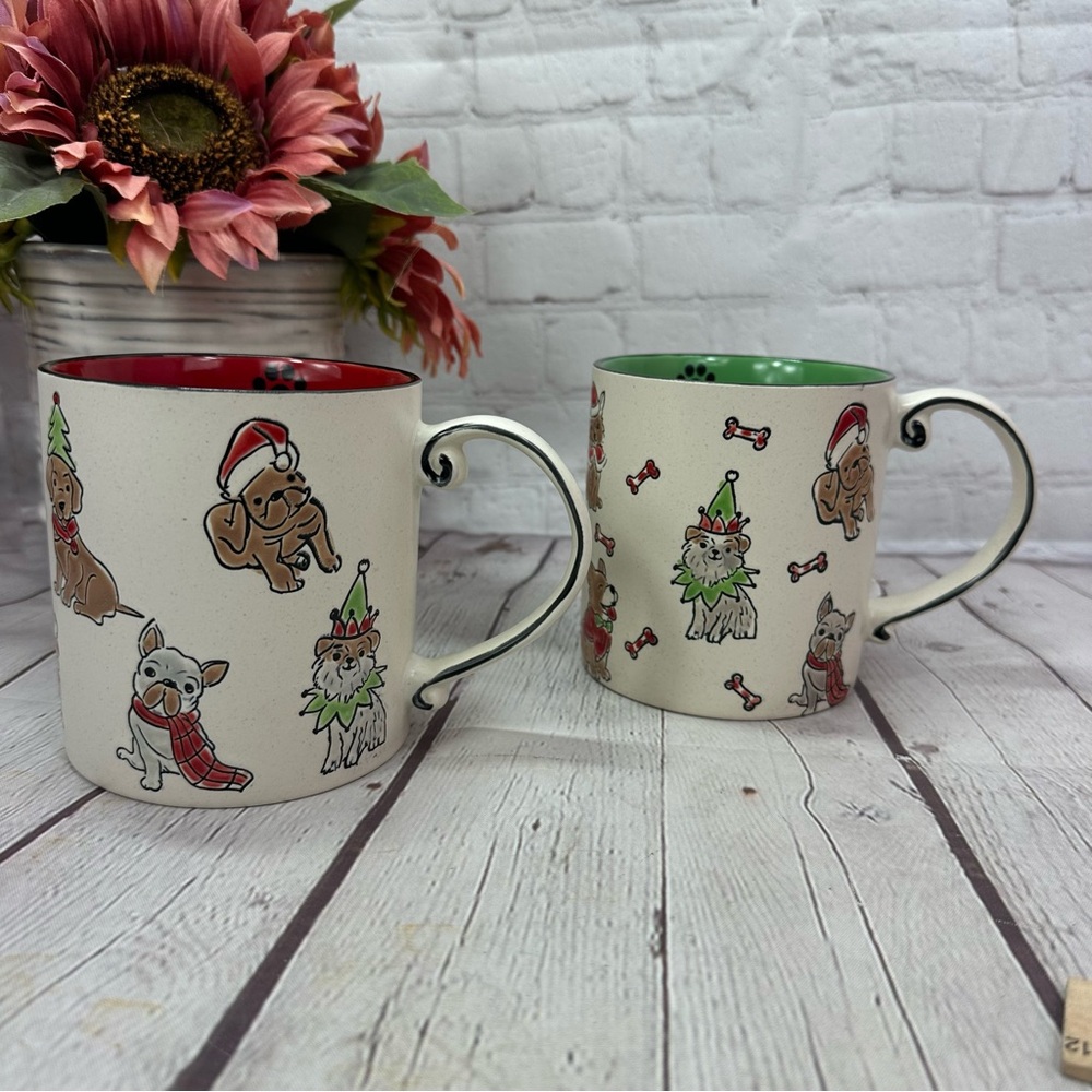 NWT ELI + ANA crimson holiday 21oz mug set Festive Dog-Themed hand painted
